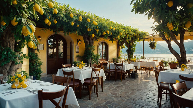 Fototapeta An italian restaurant under lemon trees.
