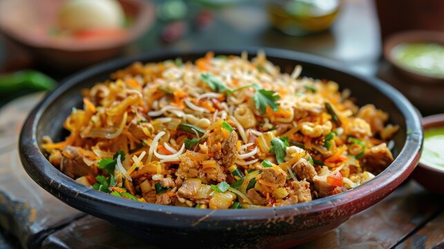 Popular South Indian street food Chicken Kothu Parotta or Curried Shredded Indian flatbread with meat egg and vegetables Selective focus