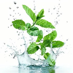 Fresh green mint leaves splashing with water on a white background