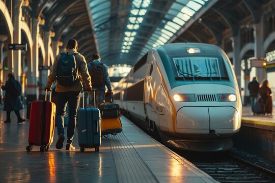 Travelers with luggage boarding a high-speed train at the station