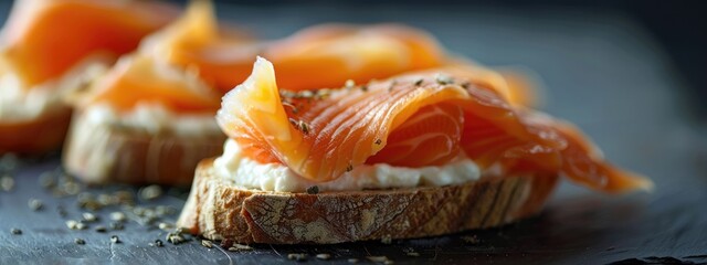 Smoked Salmon and Cream Cheese on Bread Slice, Gourmet Appetizer