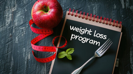 A notepad with the words "weight loss program" written on it, an apple and fork beside it, red tape measure in background