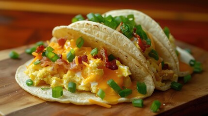 Cooking breakfast taco with crispy hash browns fluffy scrambled eggs savory bacon melted cheese and fresh green onions