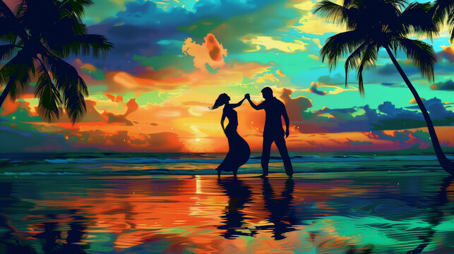 Couples dancing salsa passionately on a beautiful tropical beach