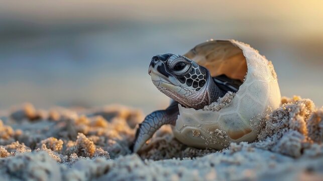 Baby Sea Turtle Hatching Out of Egg Shell