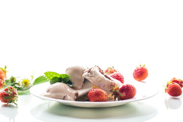 fresh organic cottage cheese with strawberries and ice cream in a plate