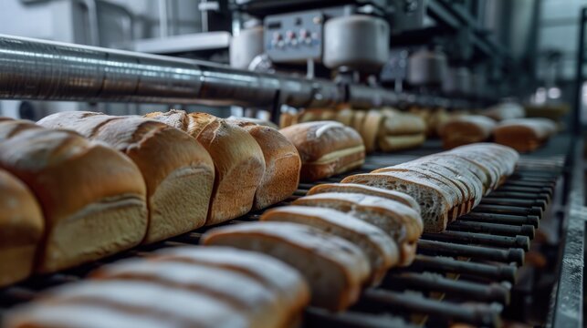 Bakery product production line with bread cutting machine and sliced bread