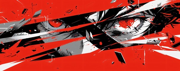 Fototapeta premium Characters eye reflecting determination and power red iris contrasting with monochrome surroundings portrayed in dynamic anime style with striking visuals and strong contrasts