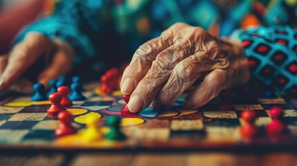 Senior woman s hand playing ludo board game at home