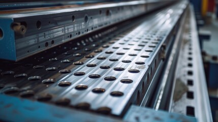 Sheet steel with perforations on guide rail of cutting machine in mechanical workshop