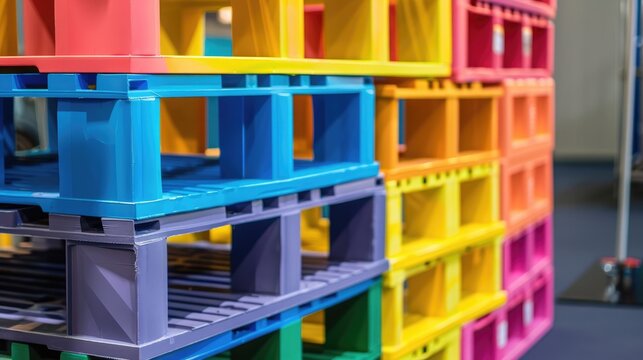Colored plastic pallets on display at the trade exhibition