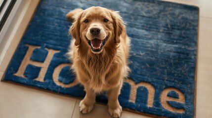 Naklejka na ściany i meble Doorway pet dog welcoming the guests, happy dog smiling at the camera welcomes you