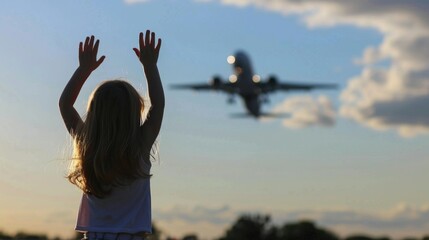Girl waving at white plane with blurred man silhouette against blue sky