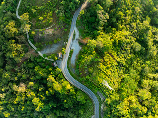 Aerial view Tropical Rainforest trees mountains with curve road in the forest