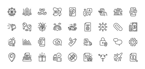 Education, Technical documentation and Phone messages line icons pack. AI, Question and Answer, Map pin icons. Question mark, Push cart, Star web icon. Water bottle, Headphone, Lgbt pictogram. Vector