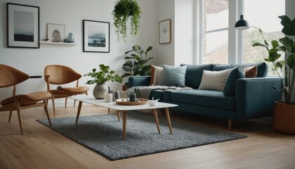 A modern living room designed with a sofa, neutral pillows, and minimalist decor. The space includes indoor plants, floor lamps, and framed artwork on the walls