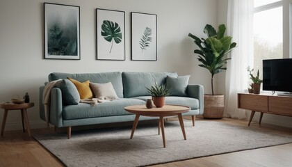 A modern living room designed with a sofa, neutral pillows, and minimalist decor. The space includes indoor plants, floor lamps, and framed artwork on the walls