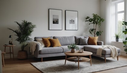 A modern living room designed with a sofa, neutral pillows, and minimalist decor. The space includes indoor plants, floor lamps, and framed artwork on the walls