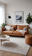A bright and airy living room featuring a couch, white cushions, and wooden furniture. The room is decorated with potted plants, framed art, and soft lighting