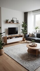 A bright and airy living room featuring a couch, white cushions, and wooden furniture. The room is decorated with potted plants, framed art, and soft lighting