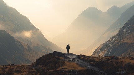 Hiker standing alone on a mountain trail admiring the misty valley with towering peaks at sunrise