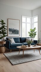 A bright and airy living room featuring a couch, white cushions, and wooden furniture. The room is decorated with potted plants, framed art, and soft lighting