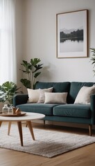 A serene living room with a sofa, light-colored pillows, and minimalistic decor. The space is enhanced by indoor plants, soft lighting from floor lamps, and simple artwork