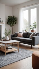A serene living room with a sofa, light-colored pillows, and minimalistic decor. The space is enhanced by indoor plants, soft lighting from floor lamps, and simple artwork