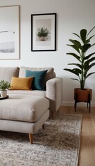 A serene living room with a sofa, light-colored pillows, and minimalistic decor. The space is enhanced by indoor plants, soft lighting from floor lamps, and simple artwork