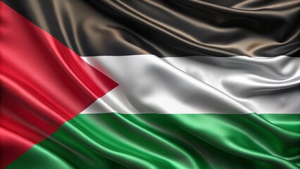 Obraz premium Vibrant Palestine flag waves dynamically in the wind, rendered as a 3D illustration with a satin fabric texture, perfect for educational visuals.