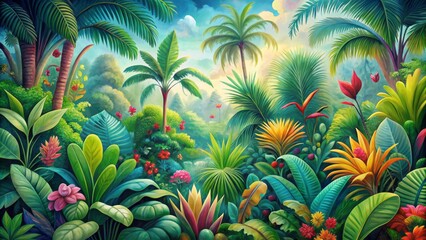 Fototapeta premium Vibrant whimsical illustration of lush exotic jungle leaves in soft watercolor hues on a seamless spring summer background design.