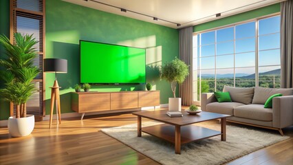 Modern living room television screen displaying chroma key green background with seamless loop of zooming in and out effects.