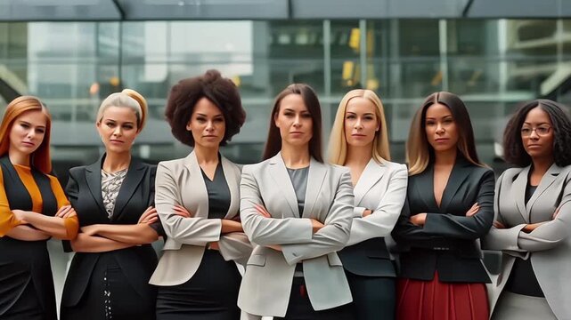 Group of successful diverse race and ages business women entrepreneurs standing in formal wear with arms crossed looking at camera. Happy and empowered adult female professionals co-workers outdoors 