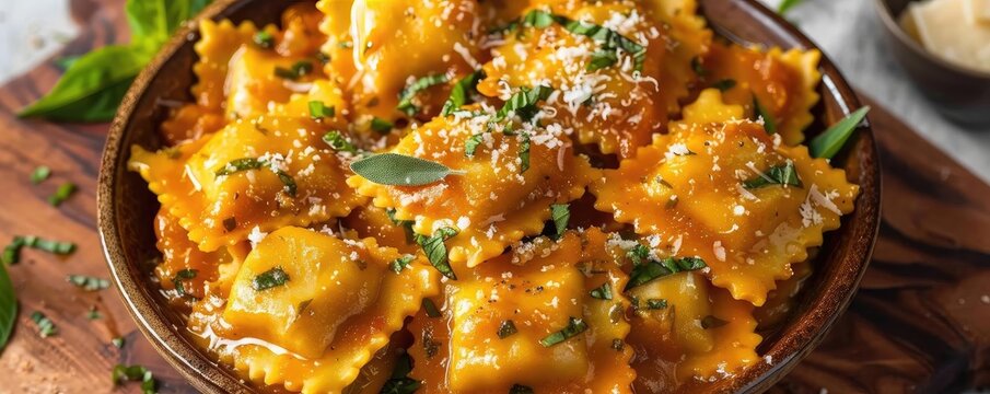 Delicious homemade ravioli pasta with a rich tomato sauce, basil, and grated parmesan cheese, served in a wooden bowl.