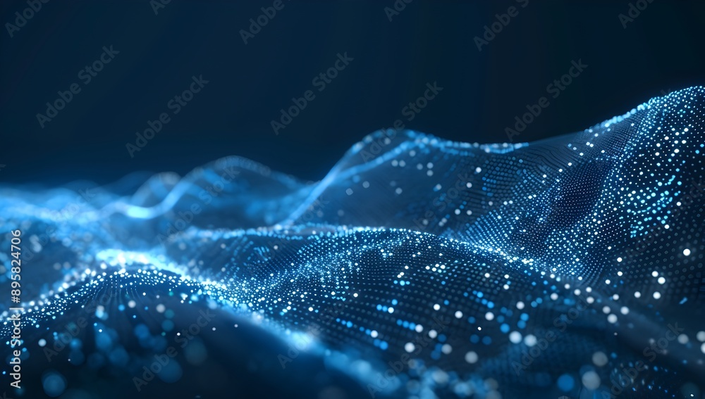 Poster abstract digital background with blue glowing dots forming wave patterns on a dark gradient, represe