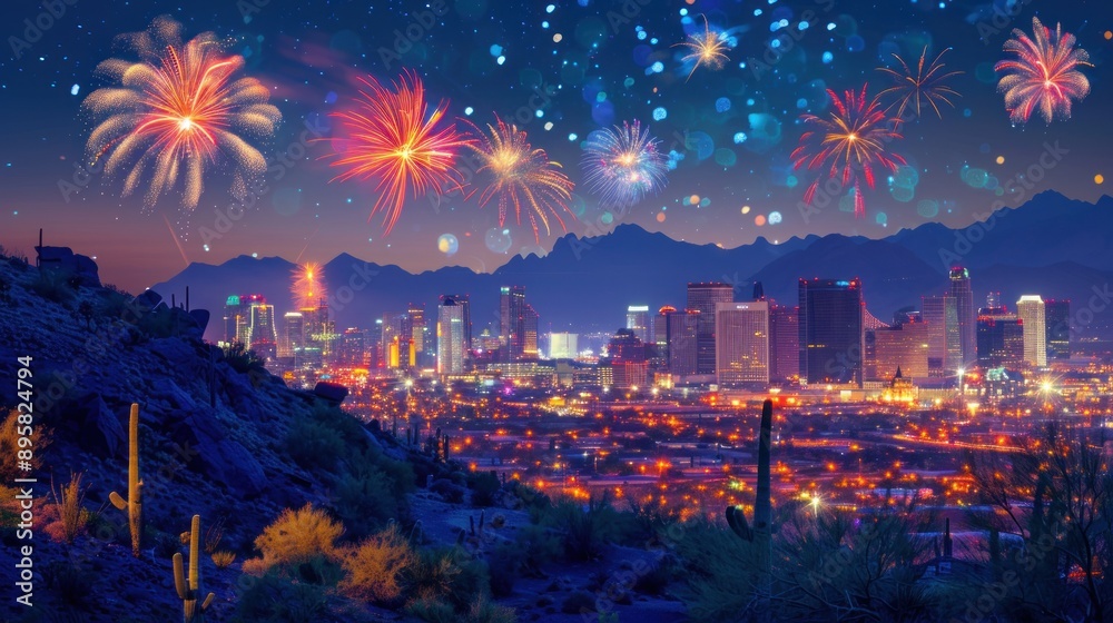 Poster A nighttime view of a city skyline with fireworks exploding in the sky and mountains in the background