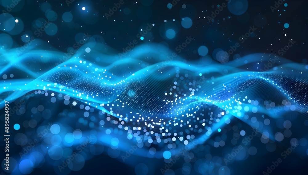 Poster abstract digital background with blue glowing dots forming wave patterns on a dark gradient, represe