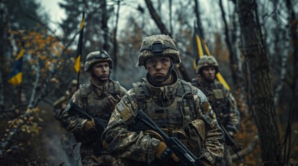 Fototapeta premium Soldiers in battle-ready gear patrol through a dense forest. They hold weapons and display seriousness, highlighting a military operation in progress.