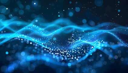 Abstract digital background with blue glowing dots forming wave patterns on a dark gradient, representing data flow and technology waves. Abstract digital background with blue glowing dots forming wav