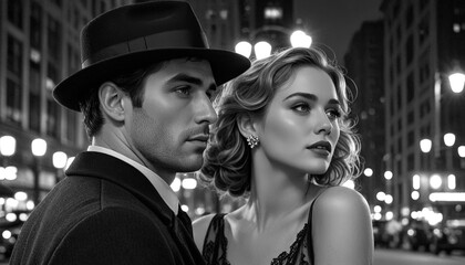 An impressive man in a hat and a beautiful young woman on a night street in America in the 30s, a noir style scene