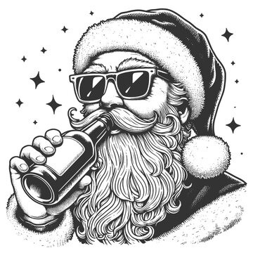 Santa Claus wearing sunglasses and drinking beer from a bottle festive character sketch engraving generative ai vector illustration. Scratch board imitation. Black and white image.