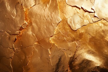 Fototapeta premium A gold wall with cracks and peeling paint. The wall is covered in gold paint and has a rough texture