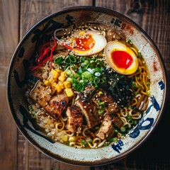 A delicious bowl of ramen featuring a variety of toppings, including sliced pork, soft-boiled egg, vegetables, and aromatic herbs, presented in a vibrant and appetizing arrangement. AI generated image