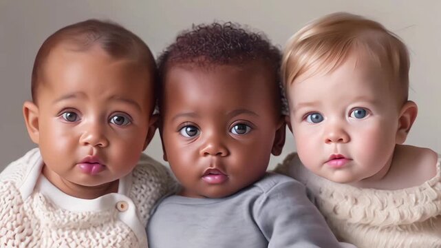 Charming diverse little children against white backdrop, gazes confidently into the camera, smiles. Childhood innocence and diversity, happy children
