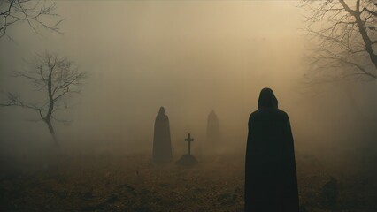 Generative AI, Mystical Night Vigil of Monks in a Foggy Cemetery