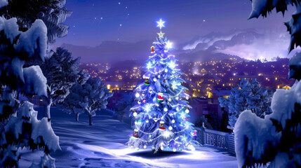 Illuminated Christmas tree in a snowy landscape with a starry night sky and town lights in the background.