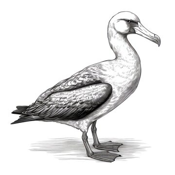 recommend clip art: Black and white Vintage engraved art of an albatross isolated on white background, ink sketch illustration, simple vector art design, highly detailed line art, high contrasty