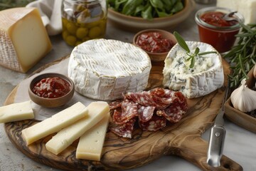 A wooden board packed with an assortment of cheeses, salami, and several condiments such as tomato dips, pickled vegetables, and herbs, perfect for a casual or festive gathering.