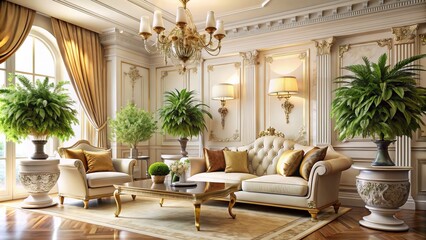 Luxurious, cream-colored interior with lavish greenery, ornate vase, and vintage accents, evoking opulent, sophisticated, and refined elegance.