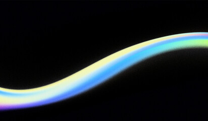 Flowing pastel light on dark background with grain noise texture. Smooth line of pastel rainbow colored spectral light with grainy effect on black. 